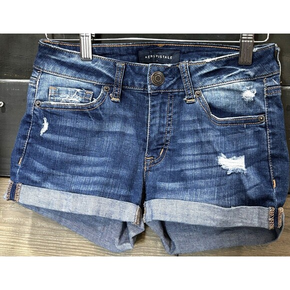 Aeropostale Women’s Shorty Shorts Size 00 Low Rise Distressed Denim Dark Blue - Picture 1 of 7